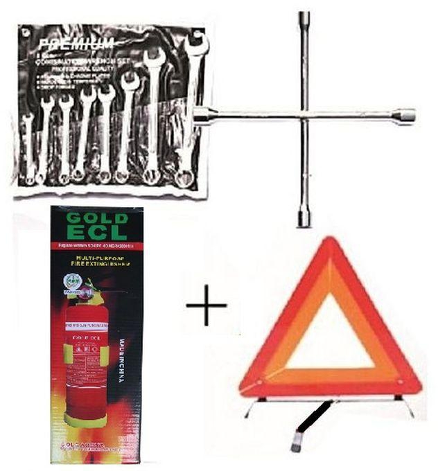 Fire Extinguisher + Wheel Spanner + 8 Pcs Flat & Ring Spanner + C-Caution Sign