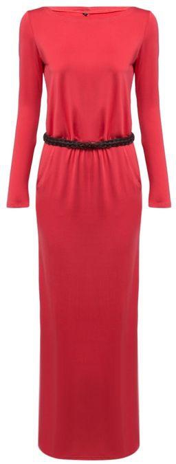 Fashion Chic Round Collar Long Sleeve Waist Pure Color Dress With Belt - Watermelon Red