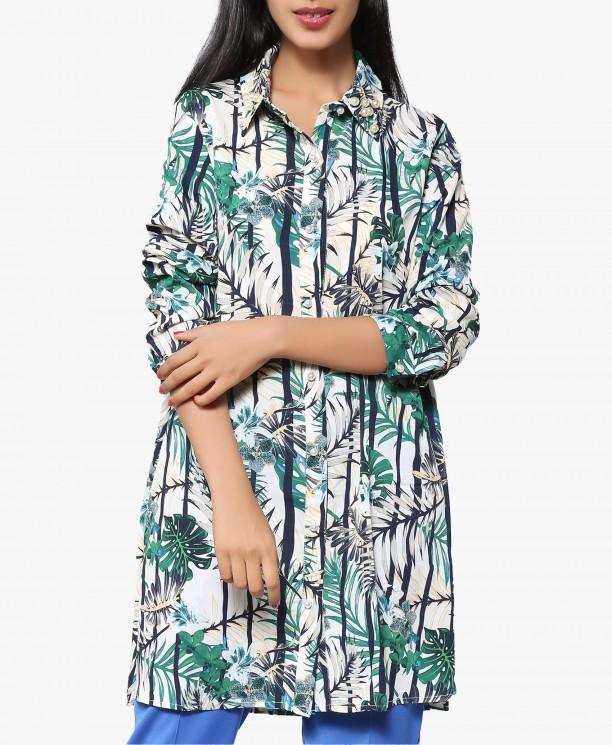 Green and Off-White Floral Print Tunic