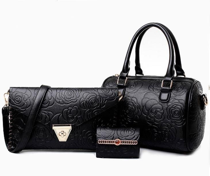 3 Pieces Floral Grain Women Leather Shoulder Handbag Black