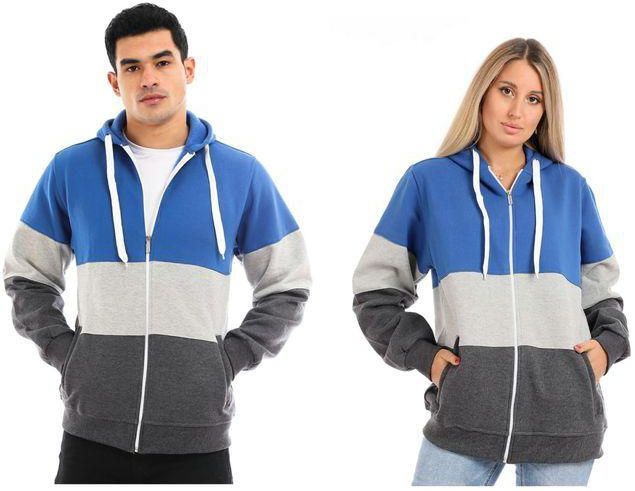High Style Unisex Tri-Tone Zipper Cotton Sweatshirt - Royal Blue, Light Grey & Dark Grey