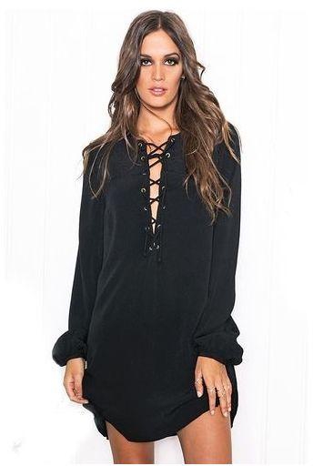 BlueLife Autumn Sexy Deep V-neck Lace Up Mini Dress For Women -Black