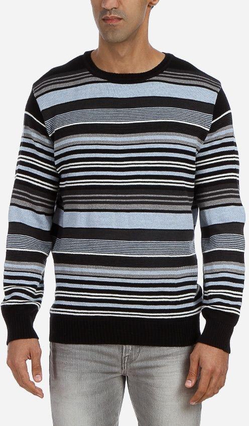 Dart Striped Round Neck Pullover - Black , Blue , Grey & White