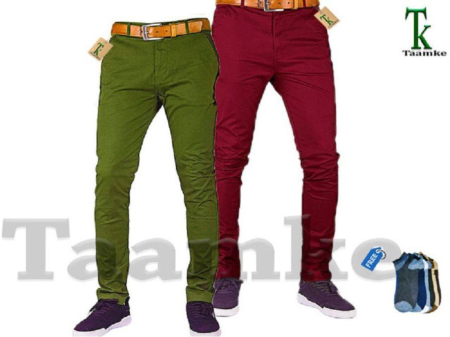 Fashion 2 Khaki Men's Trouser Slim Fit Casual- Green&Maroon+ Free Pair Of Socks