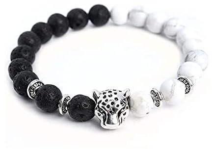 Leopard Head Charm Black & White Lava Stone Beaded Bracelets