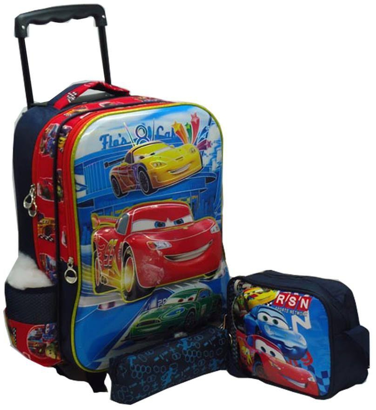 حقيبة مدرسية عربة مع مقلمة ومحفظة طعام لونها احمر فى ازرق