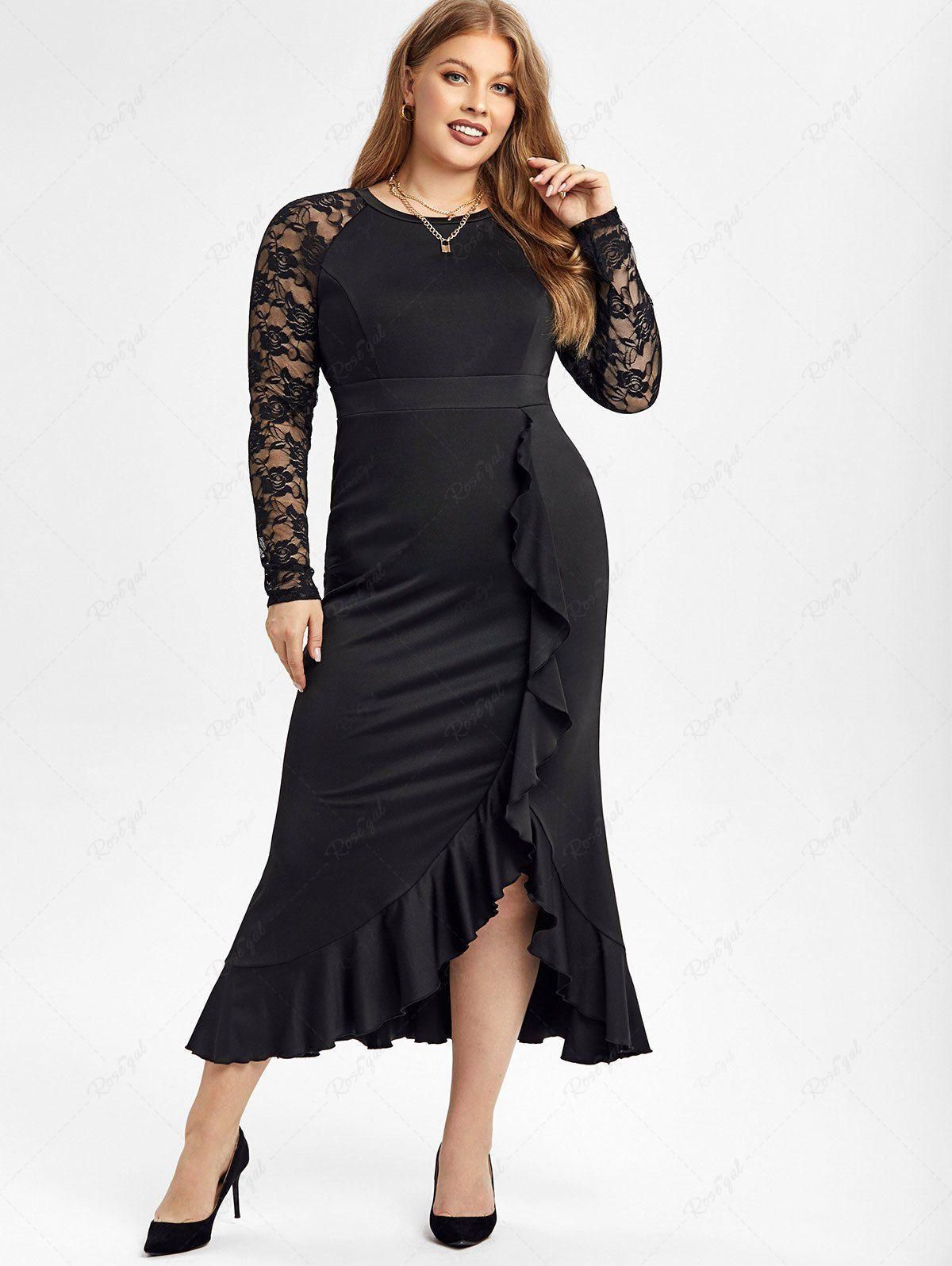 Plus Size Lace Raglan Sleeves Slit A Line Party Dress with Flounce - 1x | Us 14-16