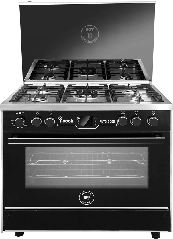 Get Unionaire i-Cook C69SS-GC-511-ICPS2F-IS-2W-AL Gas Cooker, 5 Burners, 90×60 cm, Full Safety - Black Silver with best offers | Raneen.com