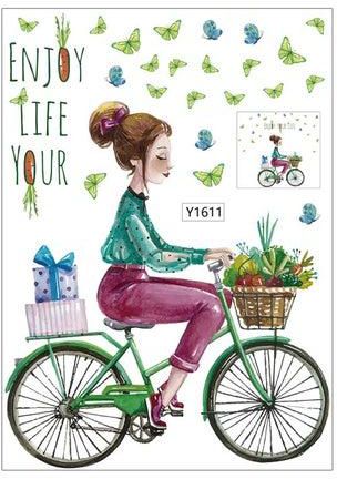 ملصق جداري كيانجتاي بتصميم فتاة كرتونية على دراجة وردي / أخضر / بني 70x50سنتيمتر