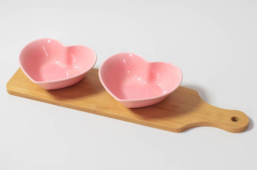 Serving Bowl, Plate Heart Shape With Bamboo Tray With Handle Snacks, Nuts, Fruits, Desserts Ceramic Pink Color