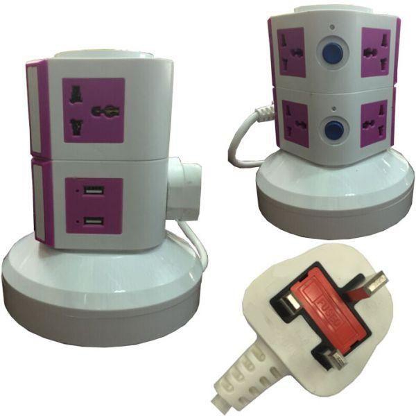 3-meter-wire Universal Vertical Extension Socket with 2 USB Ports 2 Layers pink