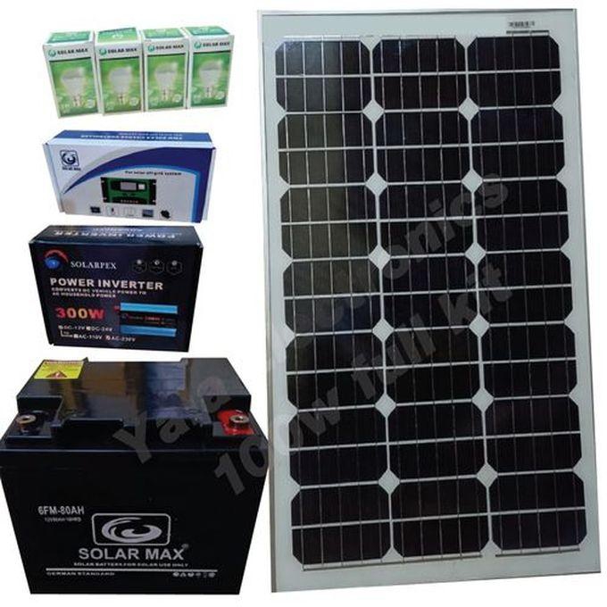 Solarmax 100 Watt Solar Fullkit:100 Watts Solar Panel + 80AH Battery + 300w Inverter + 10 Amp Controller + 4 Bulb