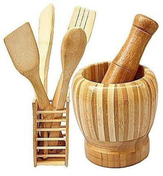 Wooden Mortar, Pestle And Spoon Set