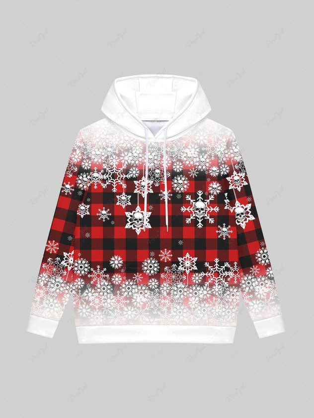 Gothic Christmas Snowflake Plaid Ombre Colorblock Skull Print Drawstring Fleece Lining Hoodie For Men - 5xl