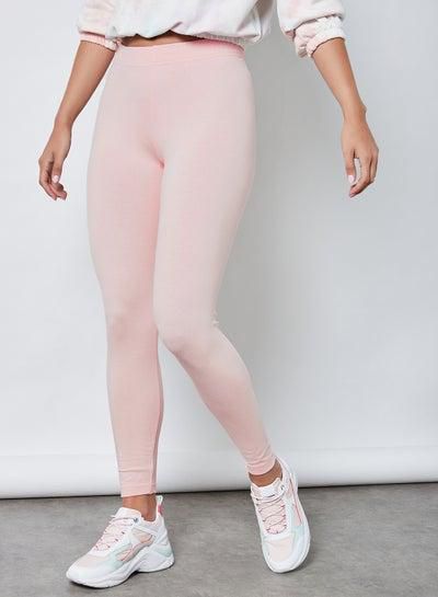 Elastic Waist Mid-Rise Skinny Fit Plain Leggings Light Pink