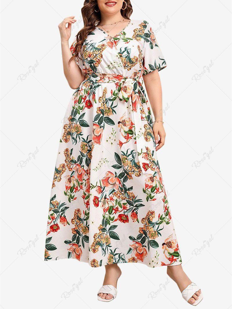 Plus Size Bloom Floral Belted Maxi Dress - 3xl