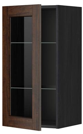 METOD Wall cabinet w shelves/glass door, black, Edserum brown