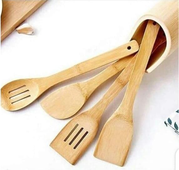 Generic 4 Pcs + 1Holder Bamboo Wooden Cooking/Serving Spoons
