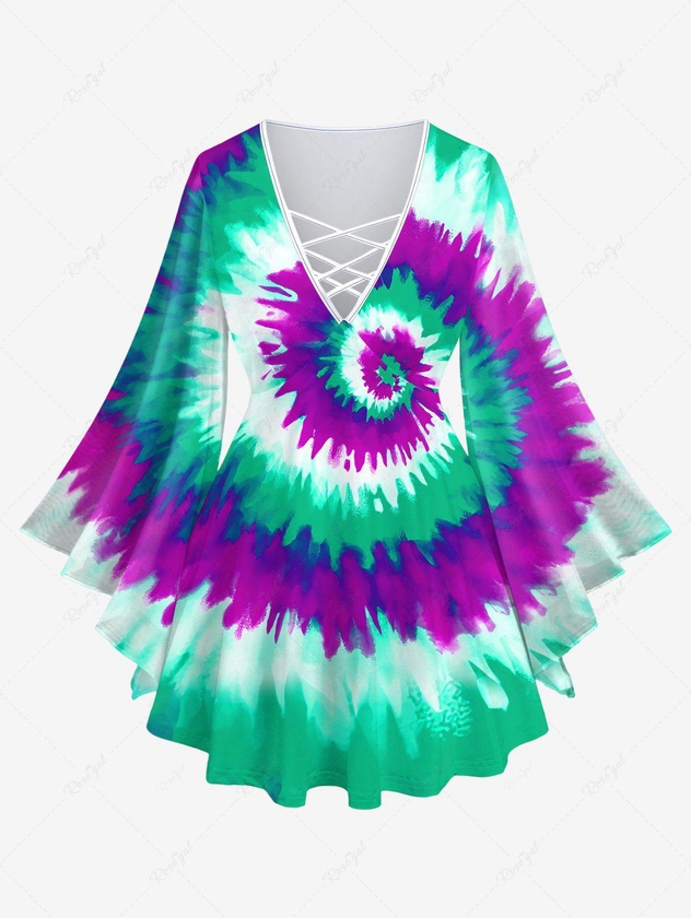 Plus Size Colorblock Spiral Tie Dye Print Lattice Crisscross Flare Sleeve Top - 6x