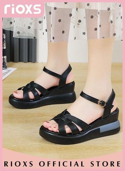 Women's Summer Fashion Wedge Sandals Non-Slip Platform Thick Soft Sole Sandals Open Round Toe Ankle Strap Sandals