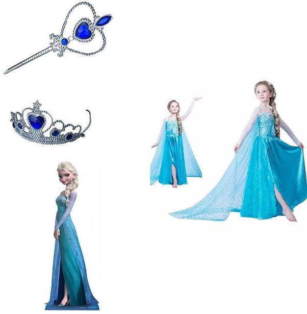 3 Pieces Elsa Blue Dress Frozen Costume With Blue Crown And Wand 3-4 Years