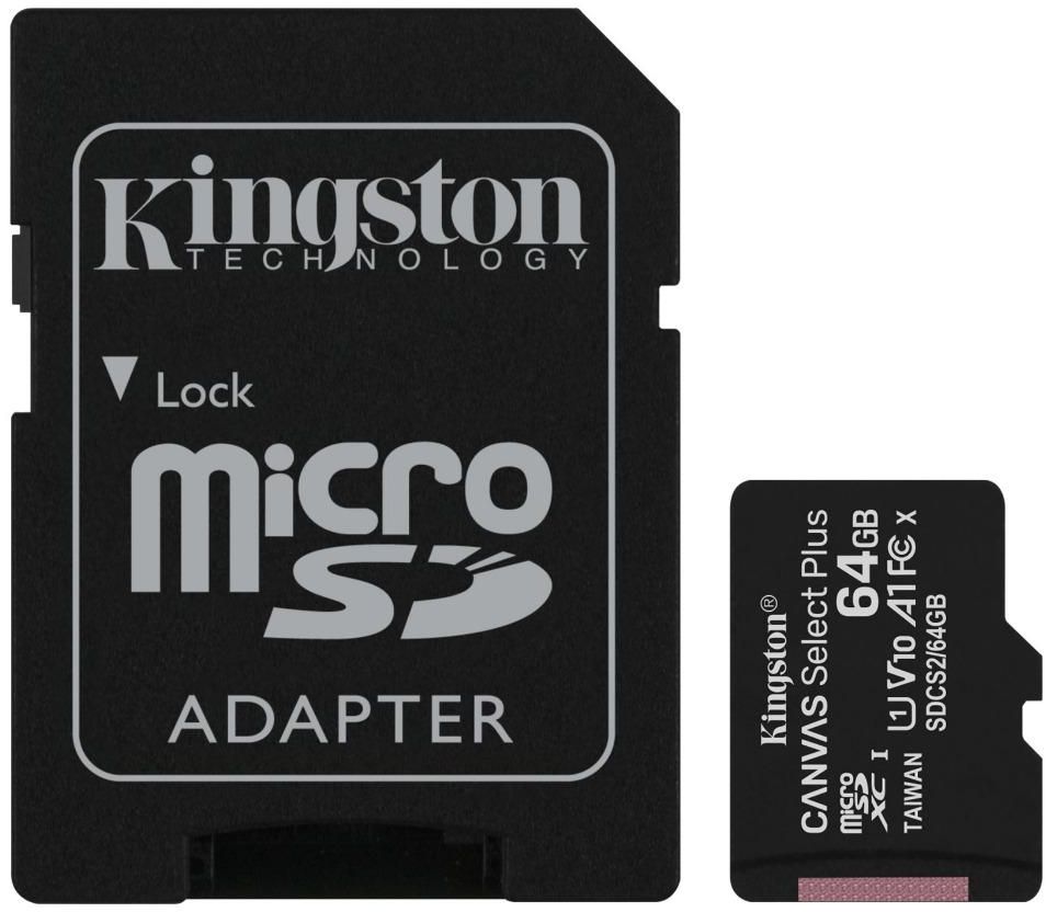 بطاقة ذاكرة مايكرو SDXC كينجستون كانفاس سيلكت بلس مع محول، 64 جيجا - اسود
