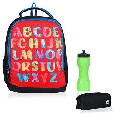 English Alphabet Printed Polyester Kids Backpack with zip closure Ideal for 6-8 years age group, Plastic Sipper And Polyester Pouch Multicolour