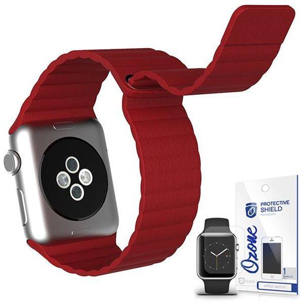 Magnetic Leather Strap with screen protector for Apple Watch 42mm  Red