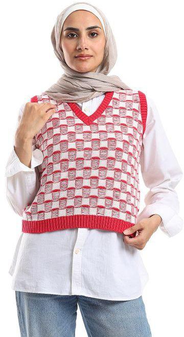 M Sou Checkerboard Pattern Sleeveless Knit Vest - White & Fuchsia.