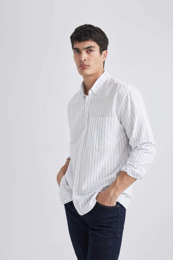 Defacto Relax Fit Polo Shirt Oxford Striped Long Sleeve Shirt