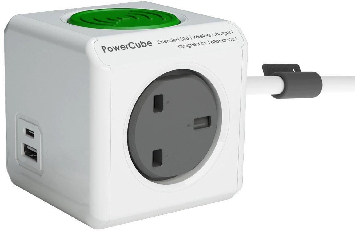 Allocacoc PowerCube Extended, 4 Sockets, 1.5m Cable, USB A + C, WirelessCharger, Grey