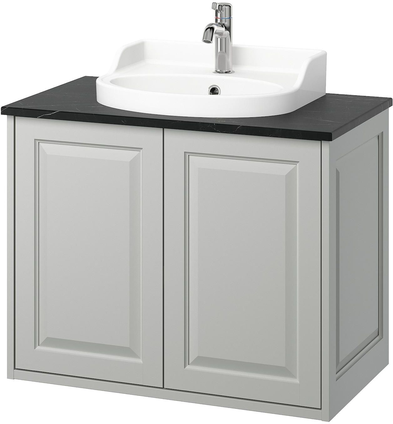 TÄNNFORSEN / RUTSJÖN Wash-stnd w doors/wash-basin/tap - light grey/black marble effect 82x49x76 cm