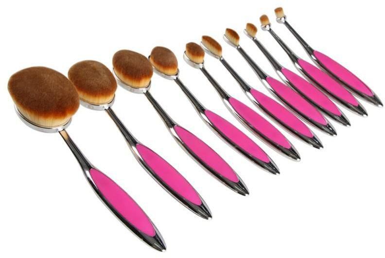 Professional 10 Pcs Shiny Oval Makeup Brushes Set Synthetic Hair - Hot Pink