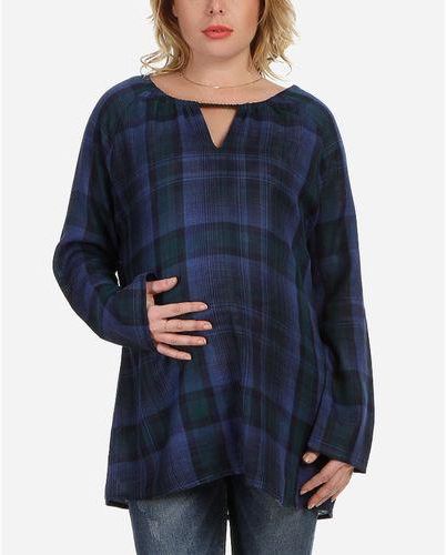 Angelique Maternity Checkered Blouse - Purple & Navy Blue