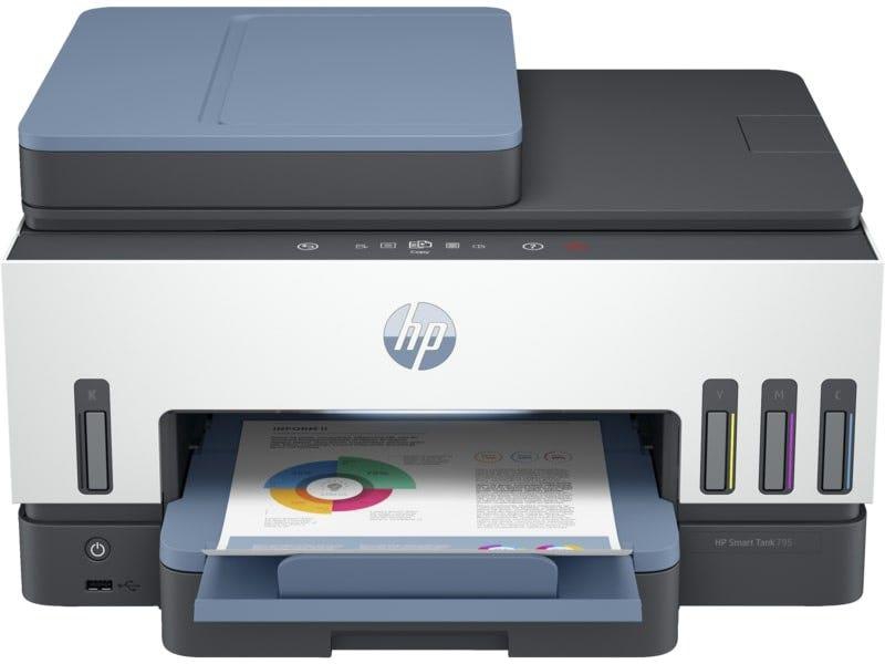 HP Smart Tank 795 All-in-One Ink Tank Printer wireless, Print, Scan, Copy, Fax, Auto Duplex Printing, Document Feeder, Print up to 18000 black or 8000 color pages, White/Blue  [28B96A]