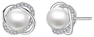 Sterling Silver Cultured Pearl and Cubic Zirconia Spiral Stud Earrings