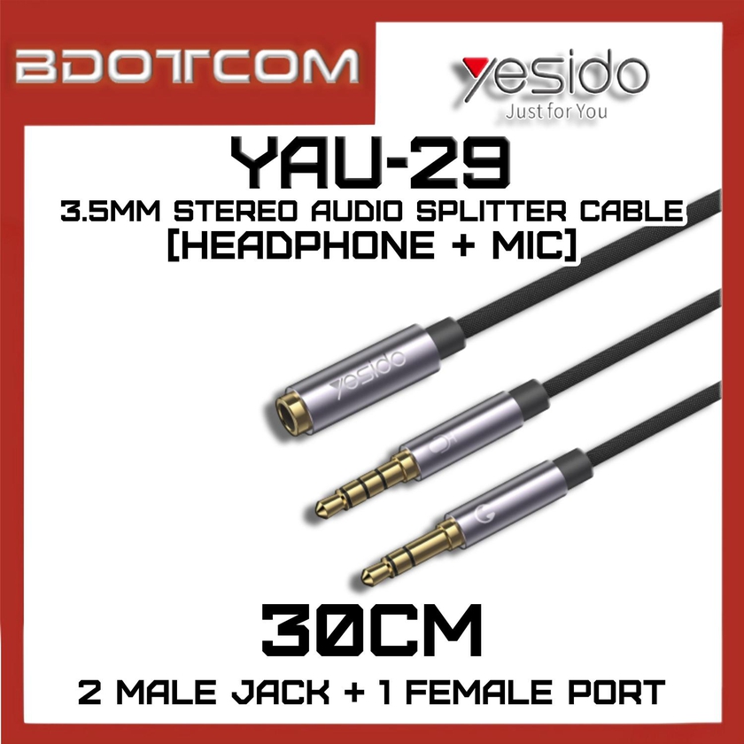 Yesido YAU-29 3.5mm 2 Male to 1 Female Headphone + Mic Audio Adaptor Cable