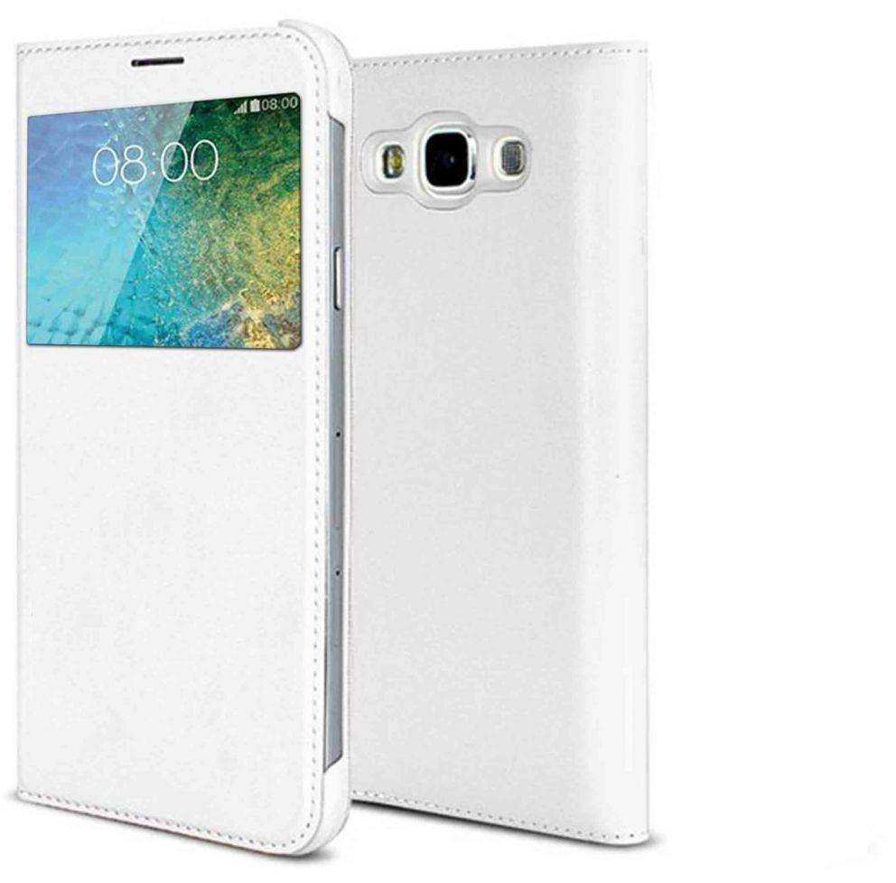 Margoun flip case for Samsung Galaxy E5 (With Glass Screen Protector), White