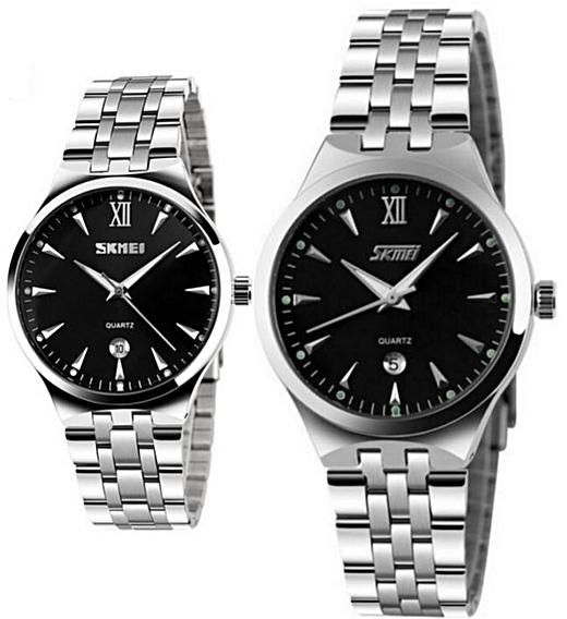 Skmei Elegant Couples Stainless Steel Watch -Silver &Black Face