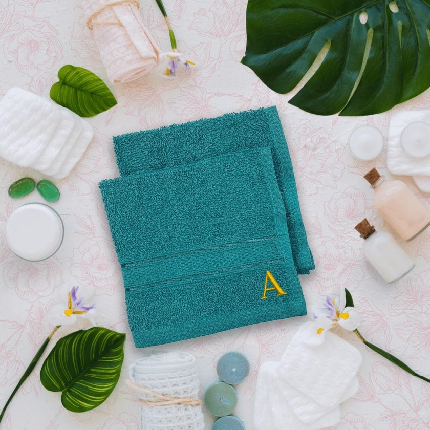 BYFT - Daffodil (Turquoise Blue) Monogrammed Face Towel (30 x 30 Cm - Set of 6) - 500 Gsm Golden Thread Letter "A"- Babystore.ae