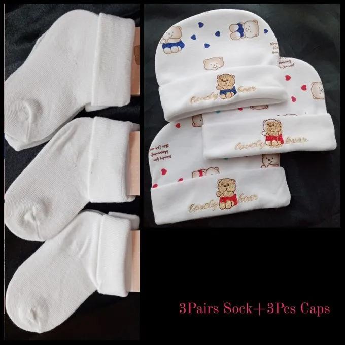Fashion 3PCs Newborn Cotton Baby Cap+3Pairs Of White Socks