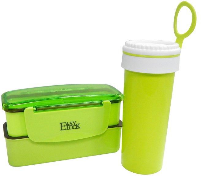 Easy lock (2pcs/set) Water Bottle & Rectangle Interlock Lunch Box Set (Green)