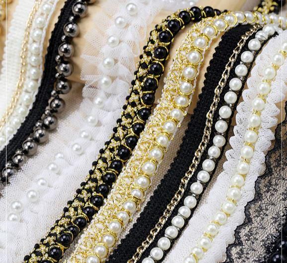 1Yard Beaded Lace Ribbon Tape Lace Fabric Trim Embroidered Collar (1921)