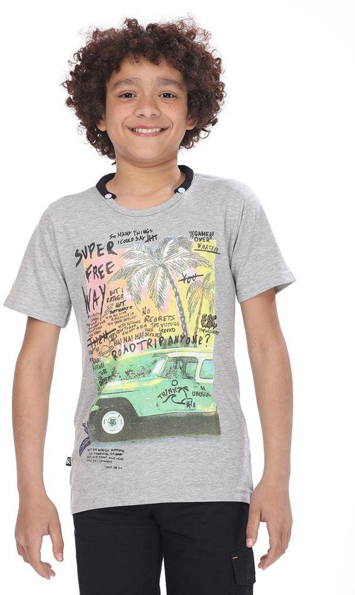 Ktk Gray T-shirt With A Colorful Print And Collar Details For Boys