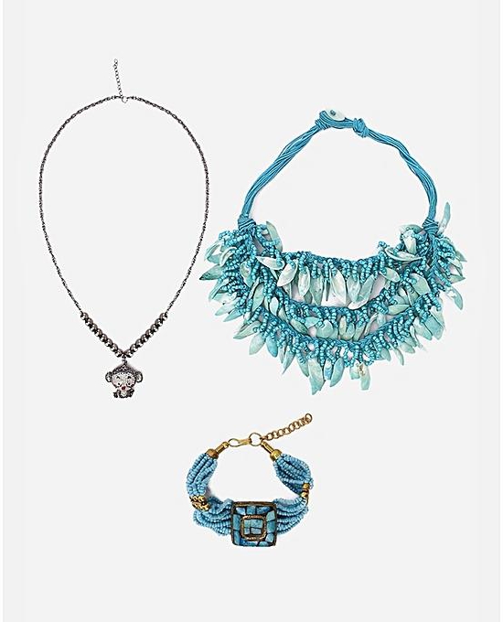 Style Europe Set Of Seashell Beaded Necklace, Monkey Pendant Necklace & Bracelet - Turquoise & Black
