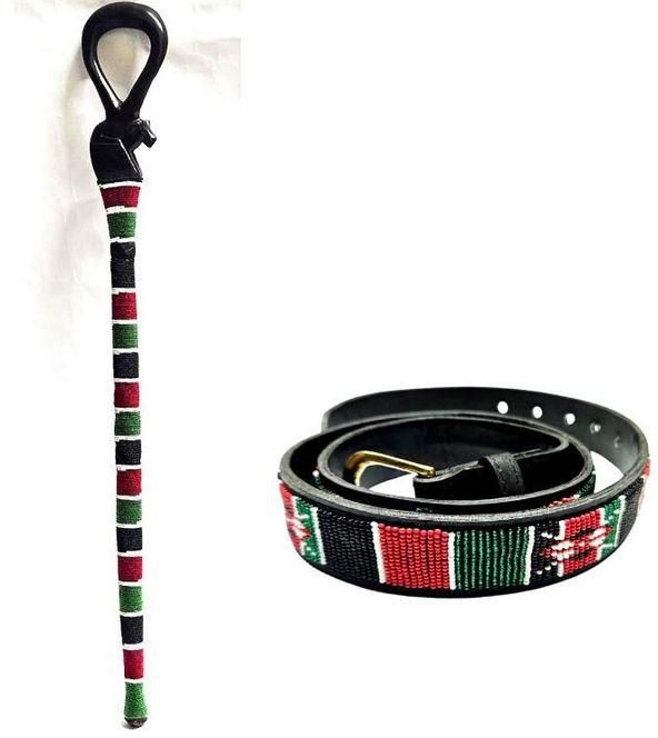 Fashion Mens Kenyan Beaded wooden walking stick and leather belt