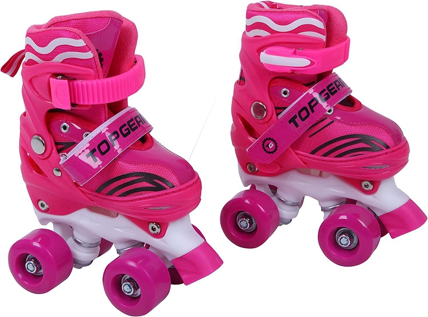 Top Gear Roller Skates Shoes, TG 9008, Adjustable For Kids, Double Row 4 Wheel With All Wheels, Fun For Kids, Pink, Large