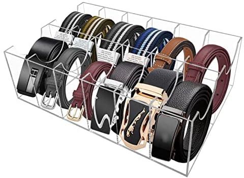 Hlimior Belt Organizer, Acrylic 12 Compartments Belt Container Storage Holder, Acrylic Belt Display Storage Box, Clear Belt Display Case for Closet Tie and Bow Watch Jewelry Bracelets Ring Cosmetic…