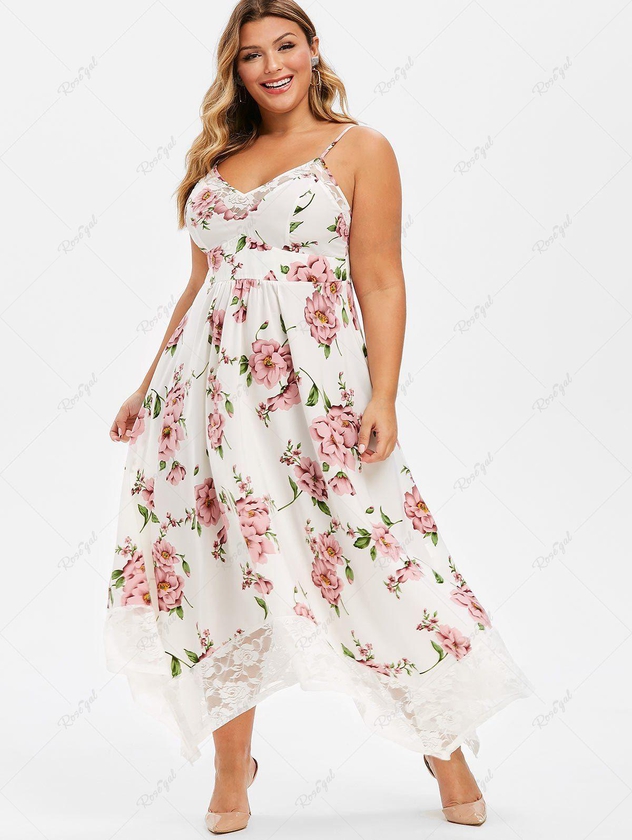 Plus Size Flower Print Lace Panel Asymmetrical Dress - 4x | Us 26-28