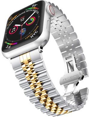 Caviar Compatible with Apple Watch Band 41mm 40mm 38mm, iWatch SE& Series 7 6 5 4 3 Stainless Steel Strap with Butterfly Folding Clasp Silver/Gold, 41mm/40mm/38mm